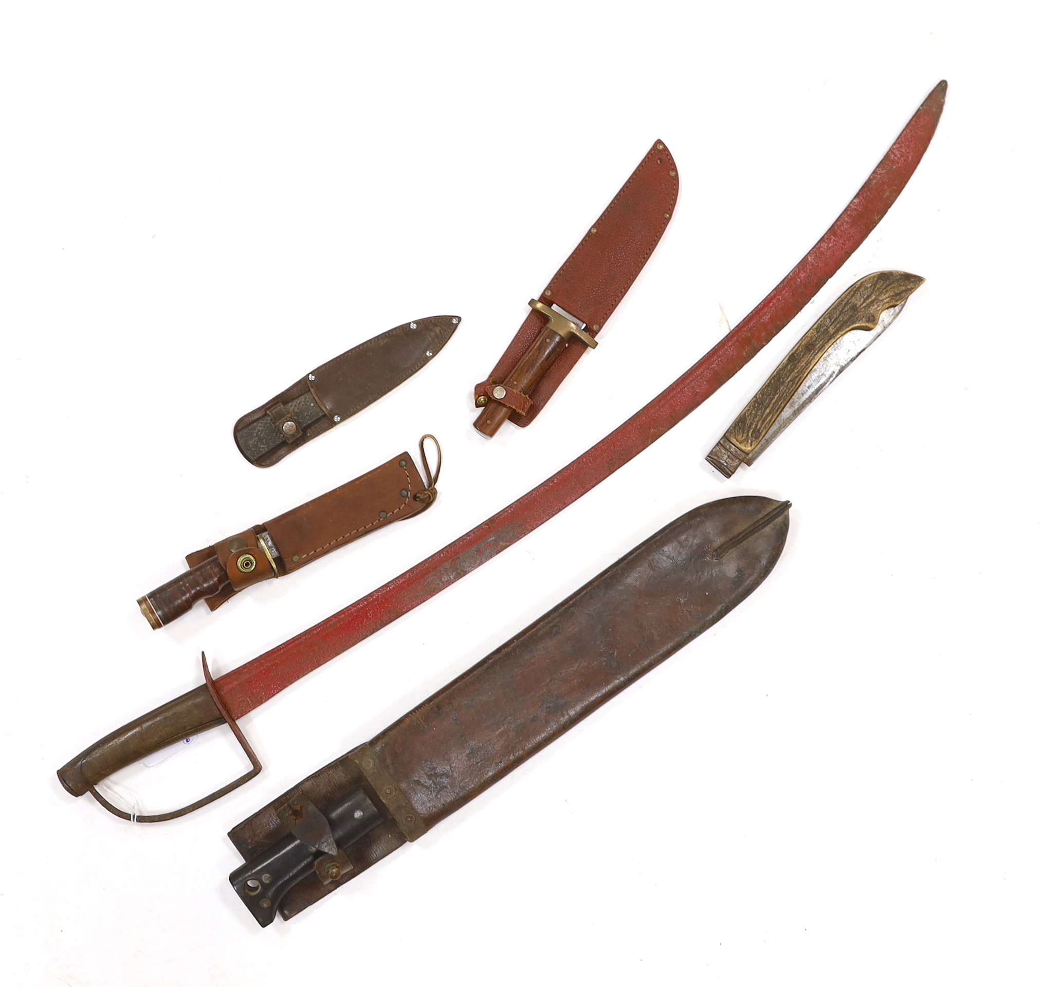 A continental cavalry trooper’s sword c.1780, together with a Legitimus Parang dated 1940 and four other assorted hunting knives